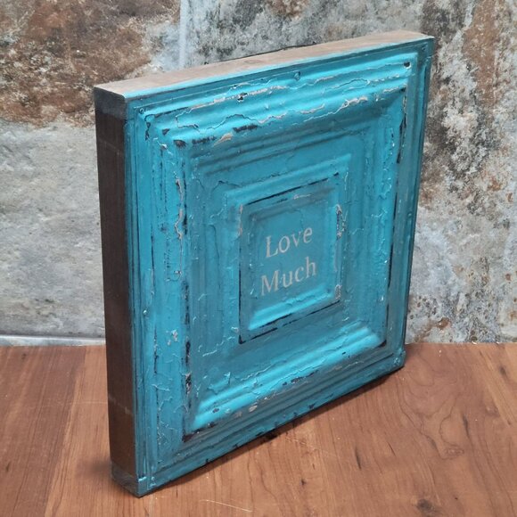 Turquoise Distressed Love Much Tin Metal on Wood Frame Hanging Wall Decor - Picture 7 of 12